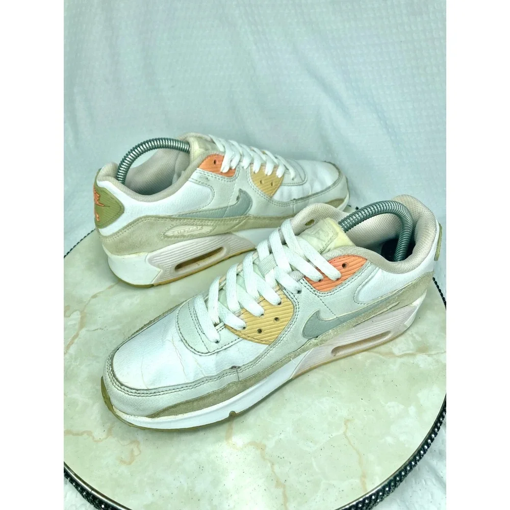 Nike Air Max 90 Low Top Shoes Women 8 White Tan Coral Streetwear Sporty Sneakers